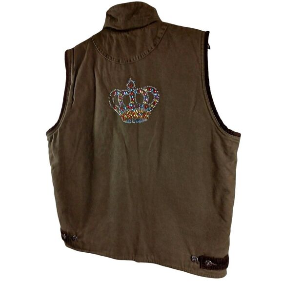 Wrangler Sherpa Line M Green Canvas Vest Corduroy Collar Crown Rhinestone Back - Picture 7 of 10